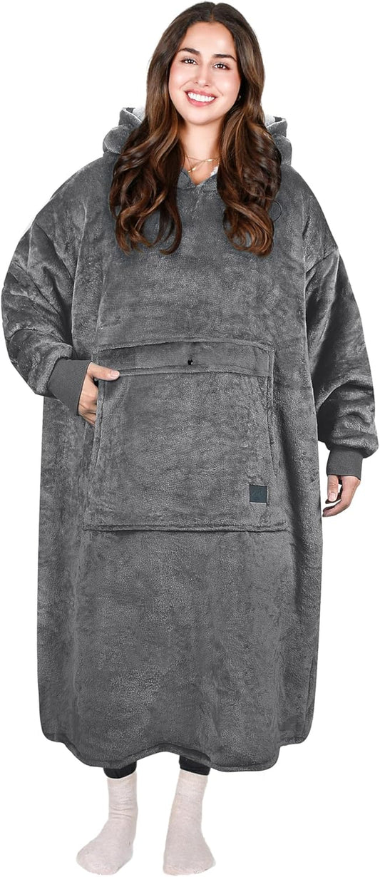 Extra Long Oversized Hoodie Blanket Sweatshirt Comfortable Sherpa Giant Wearable Blankets Christmas Gifts for Adults Men Women Teenagers Wife Girlfriend Grey